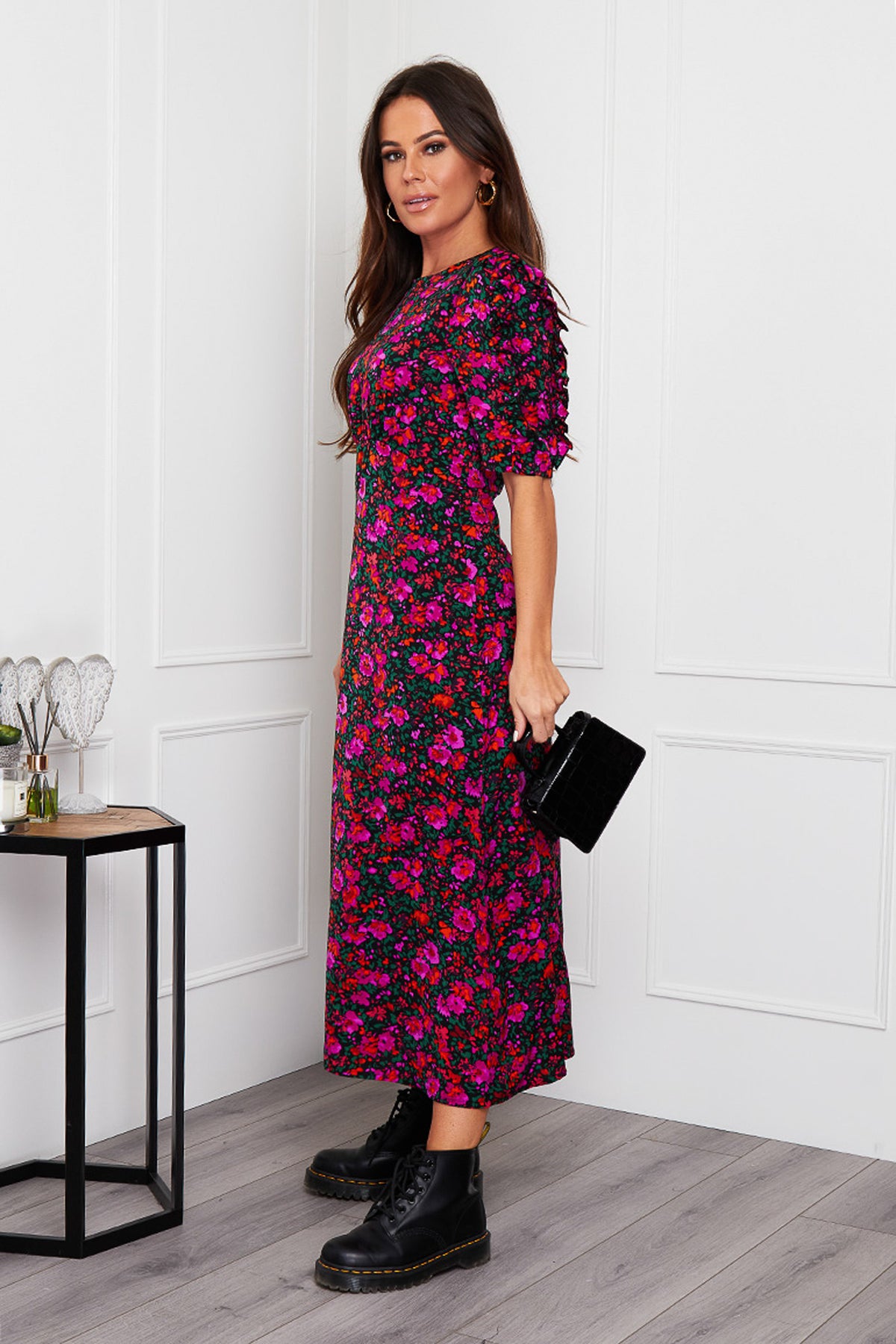 Adelyn Frill Sleeve Midi Dress Purple Floral