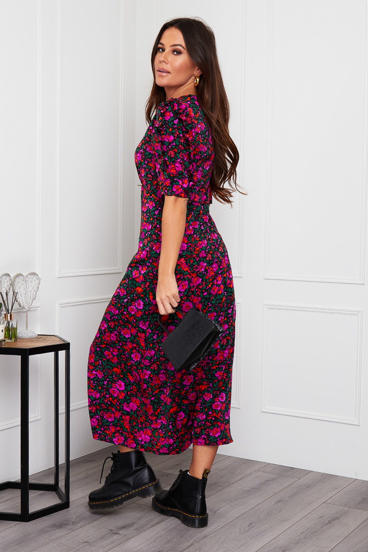Adelyn Frill Sleeve Midi Dress Purple Floral