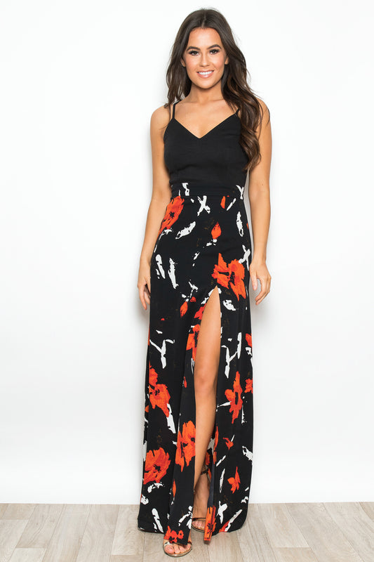 Farah Floral Cami Split Maxi Dress Black / Orange