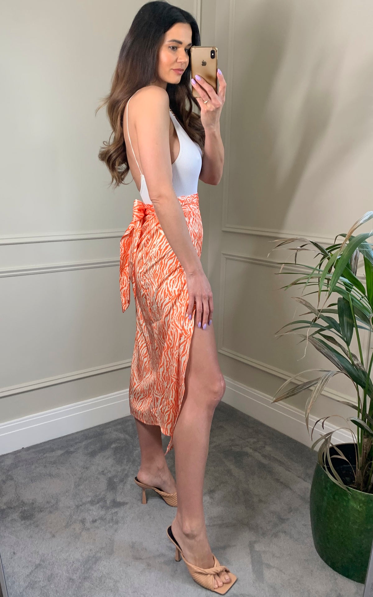 Animal print midi wrap skirt in orange