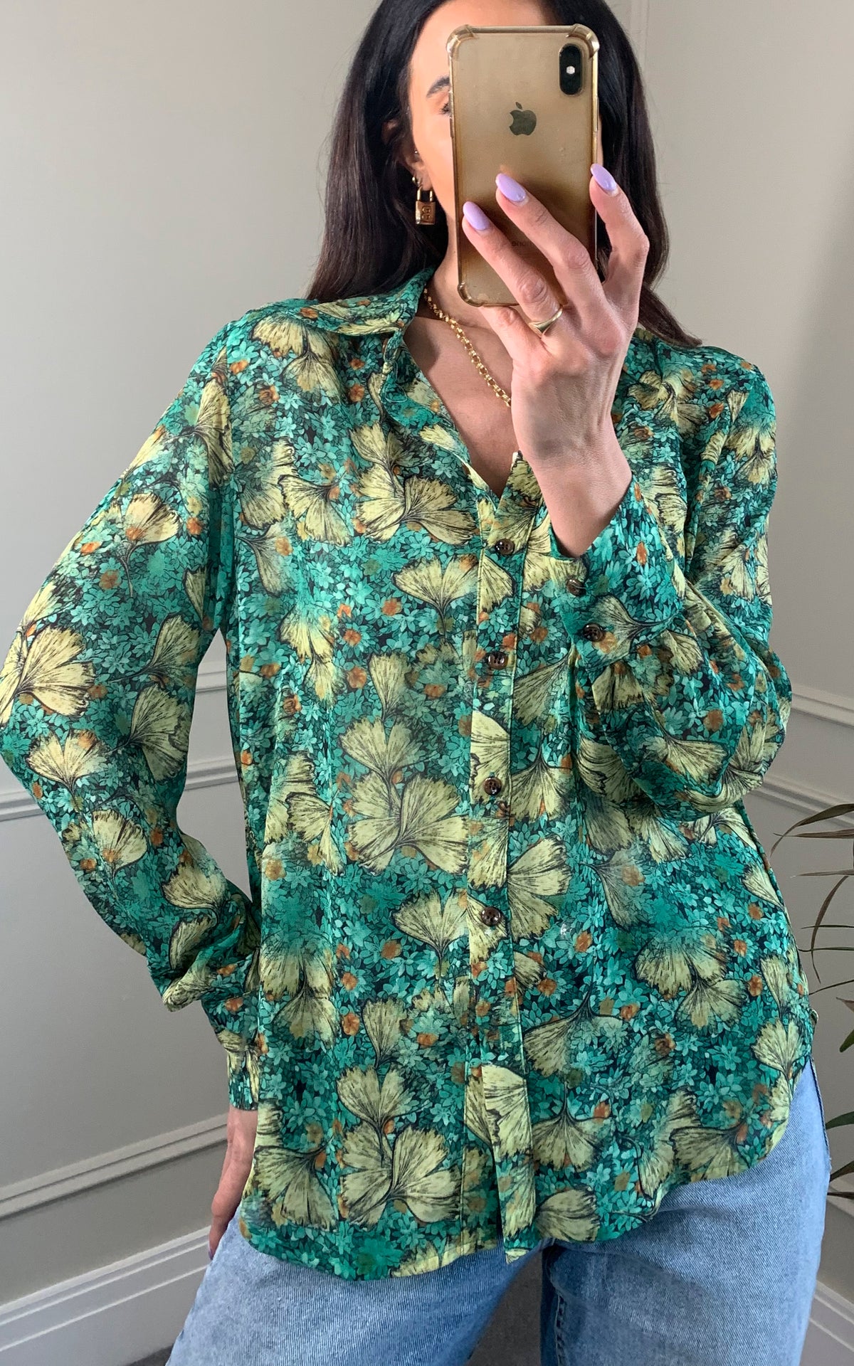 Multicolour print long sleeves collared blouse shirt in mint green