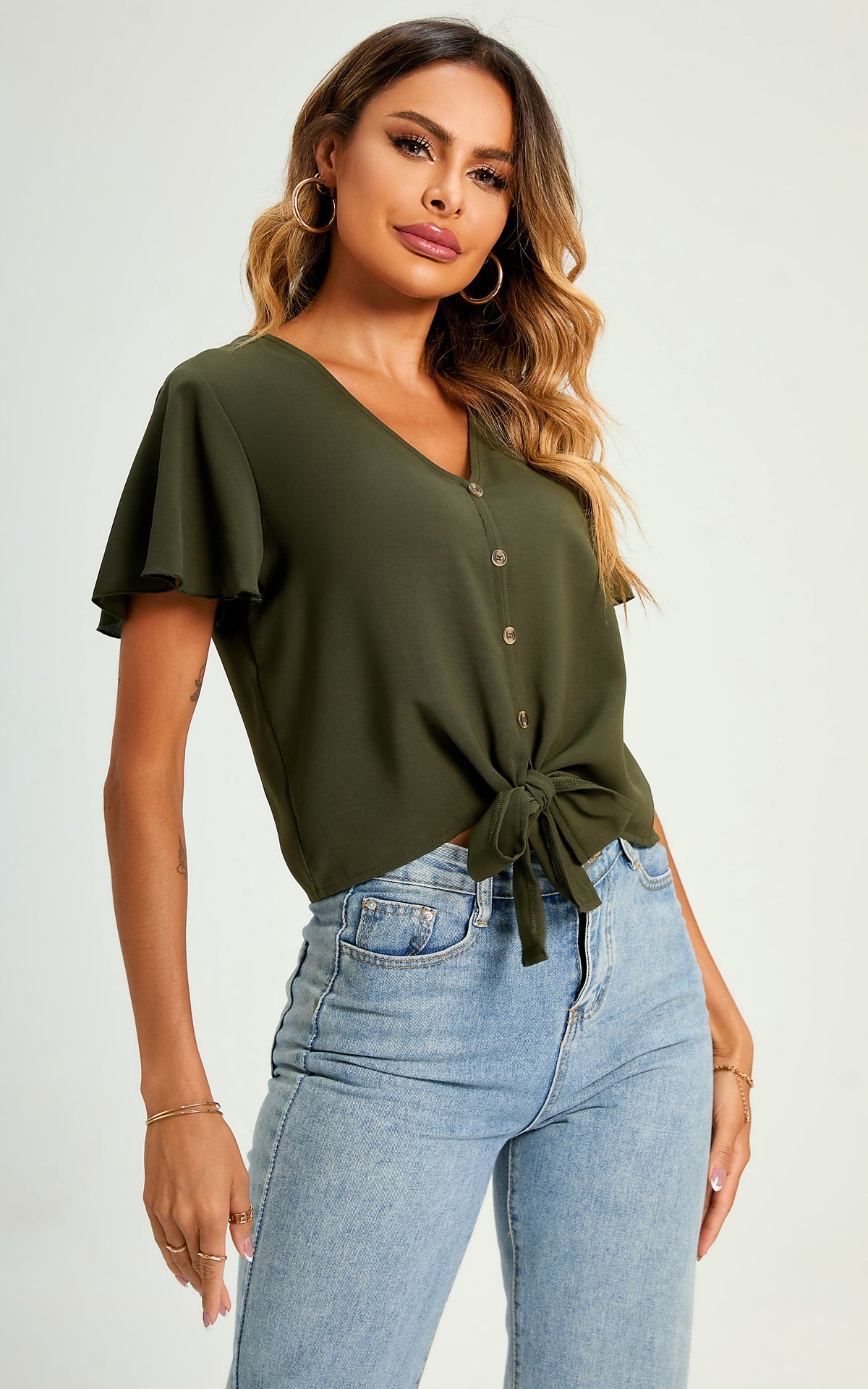 Cute Tie Knot Front Buttoned Crop T Shirt Top In Olive Green