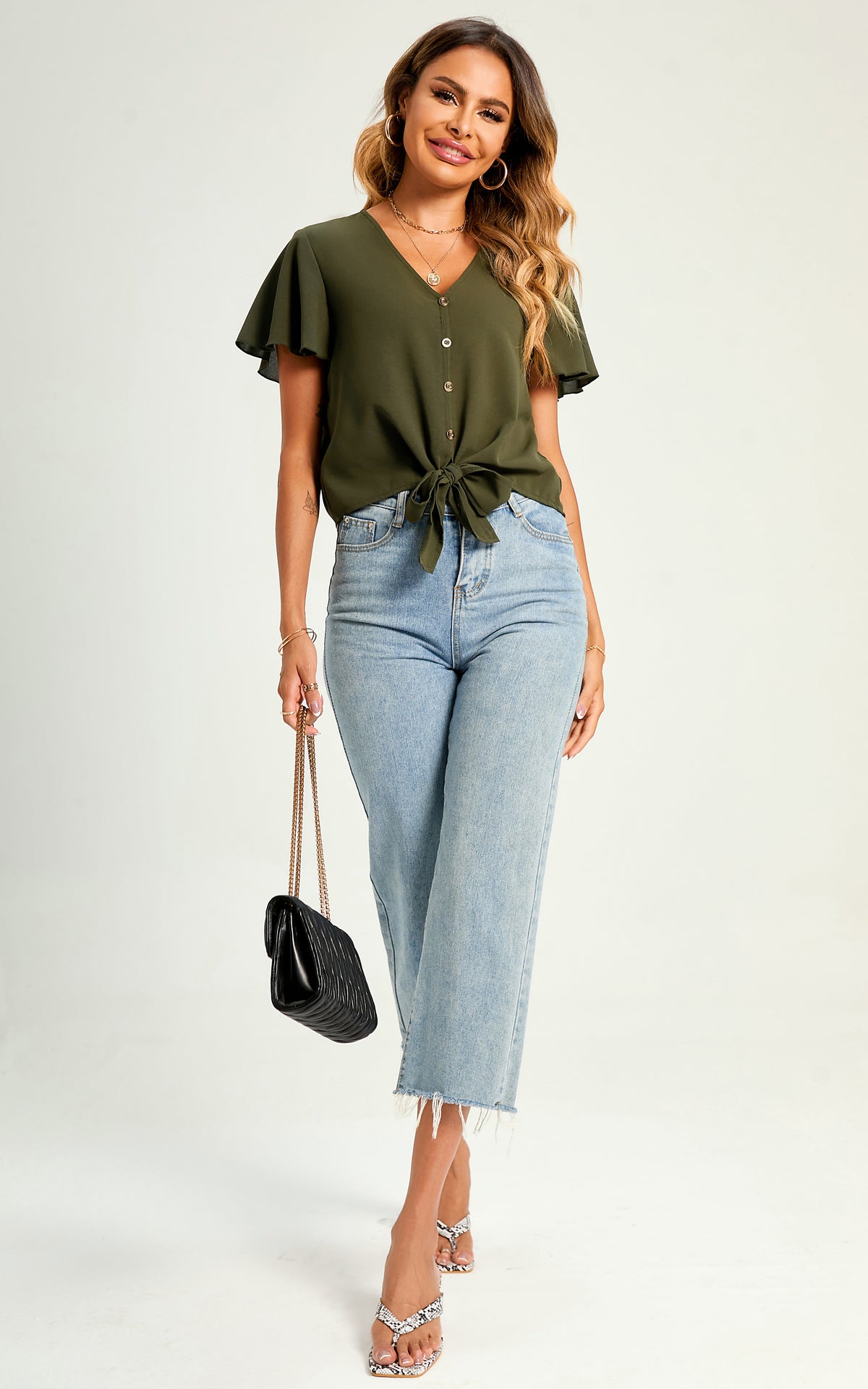 Cute Tie Knot Front Buttoned Crop T Shirt Top In Olive Green