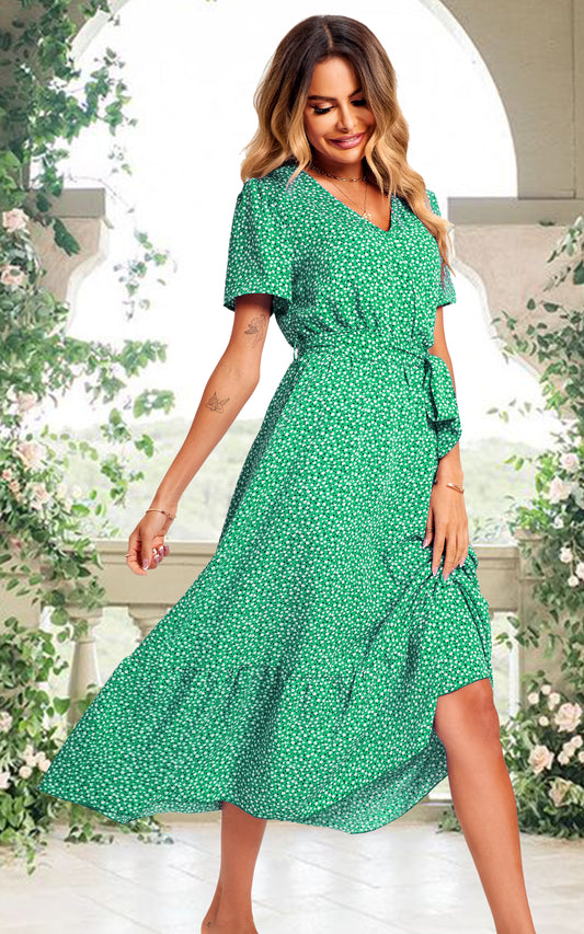 White Little Flower Print Wrap Style Midi Dress In Green
