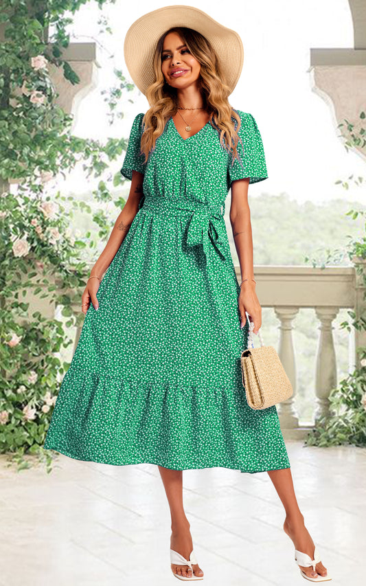 White Little Flower Print Wrap Style Midi Dress In Green