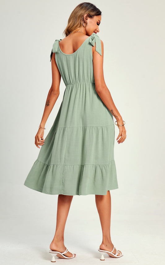 Relaxed Linen Self Tie Shoulder Tiered Midi Dress In Green
