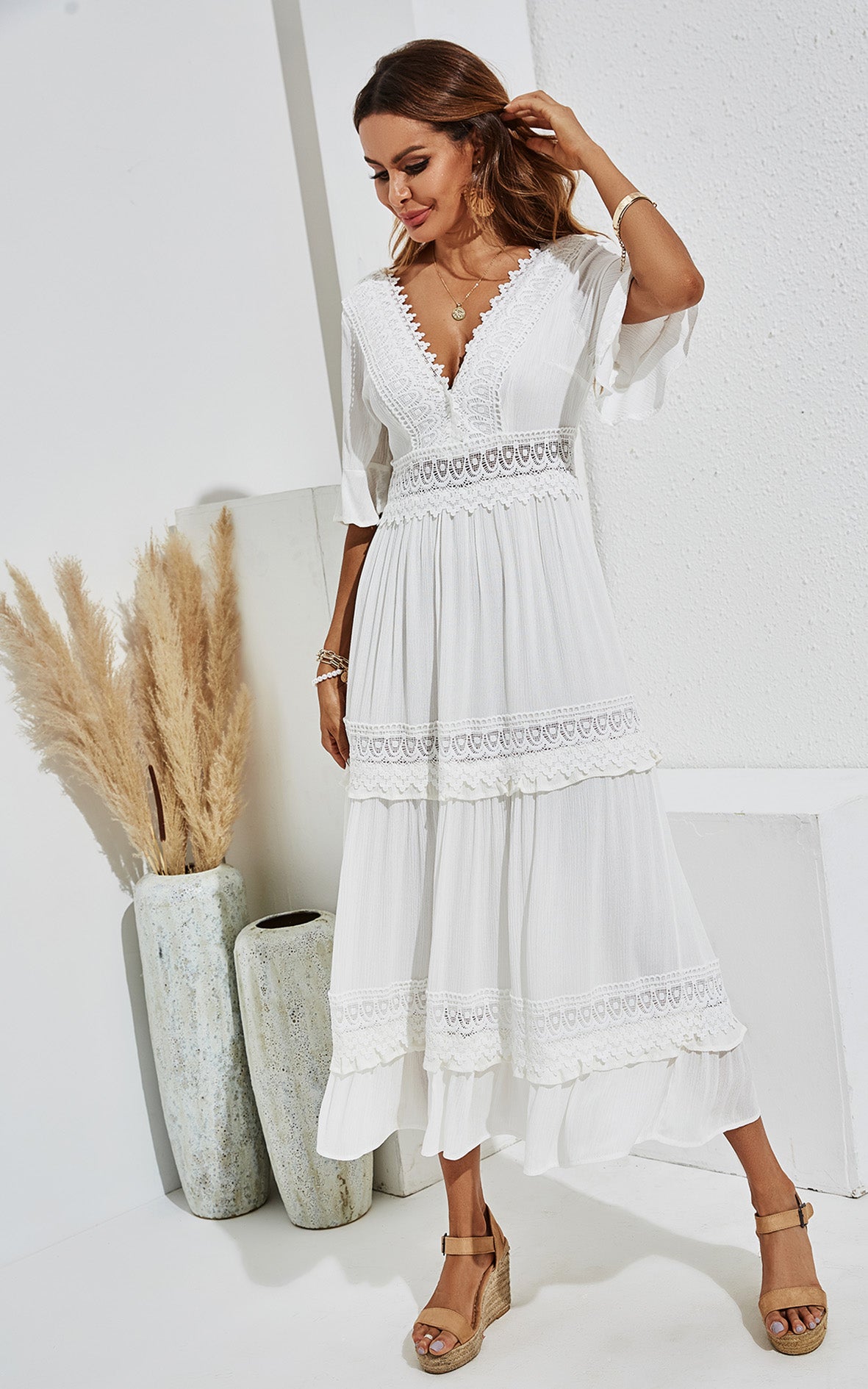 Double Sided V Neck White Lace Dress In Ivory White
