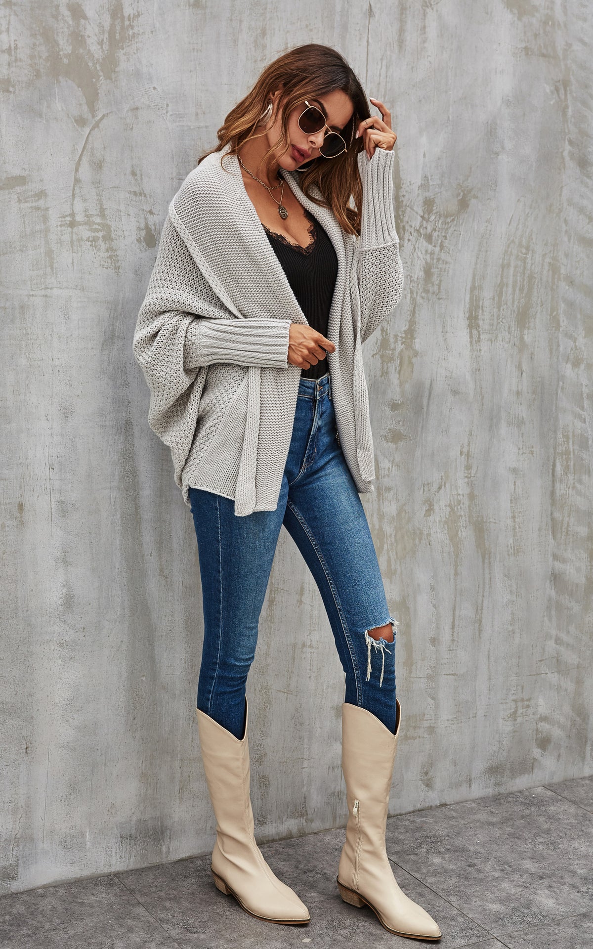 Chunky Pleat Oversized Cardigan In Grey