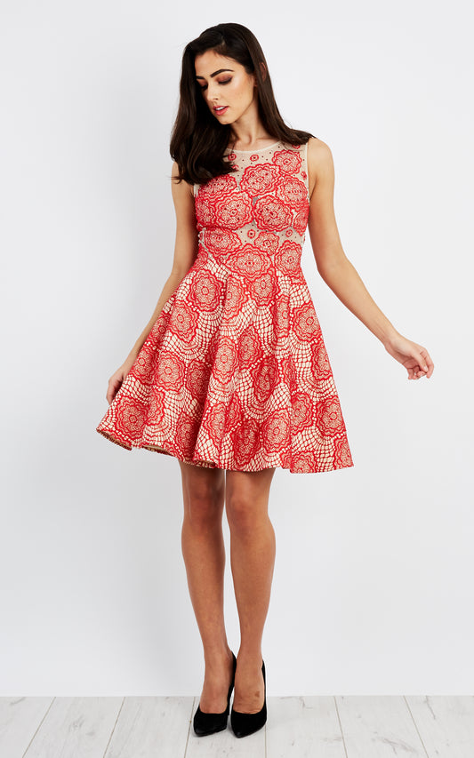 Hand beaded crochet red lace prom dress