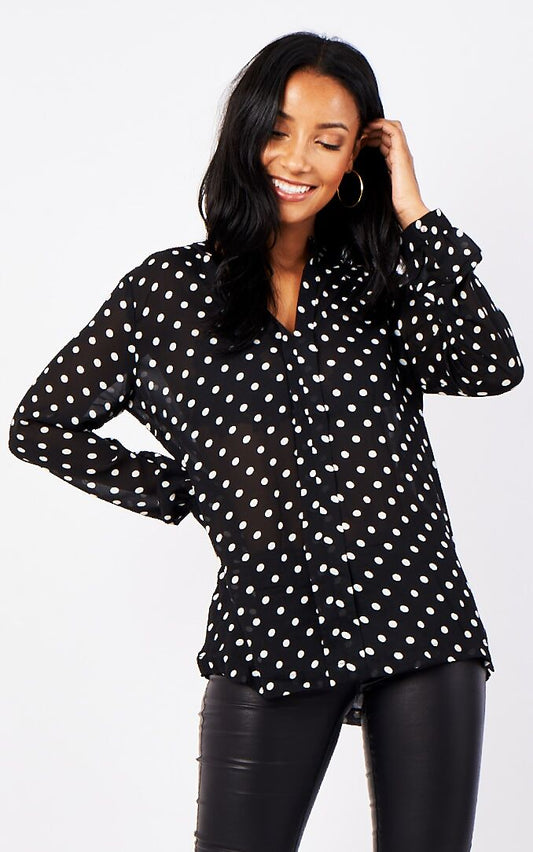 Bev Polka Dot Long Sleeve Blouse In Black