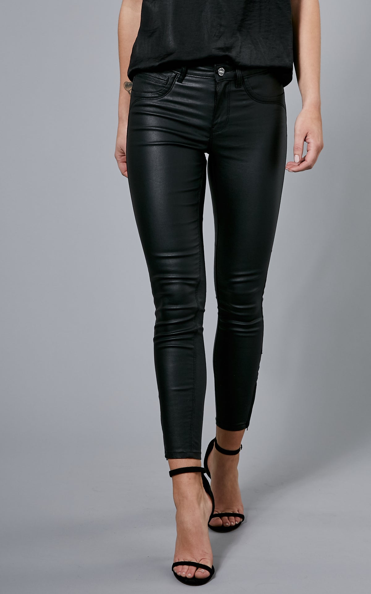 Black Leather Look Trousers With Zip Ankle Detail