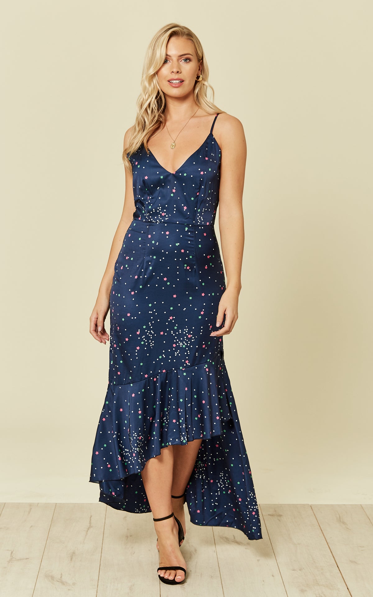 Satin navy star & polka dot print high-low frill dress