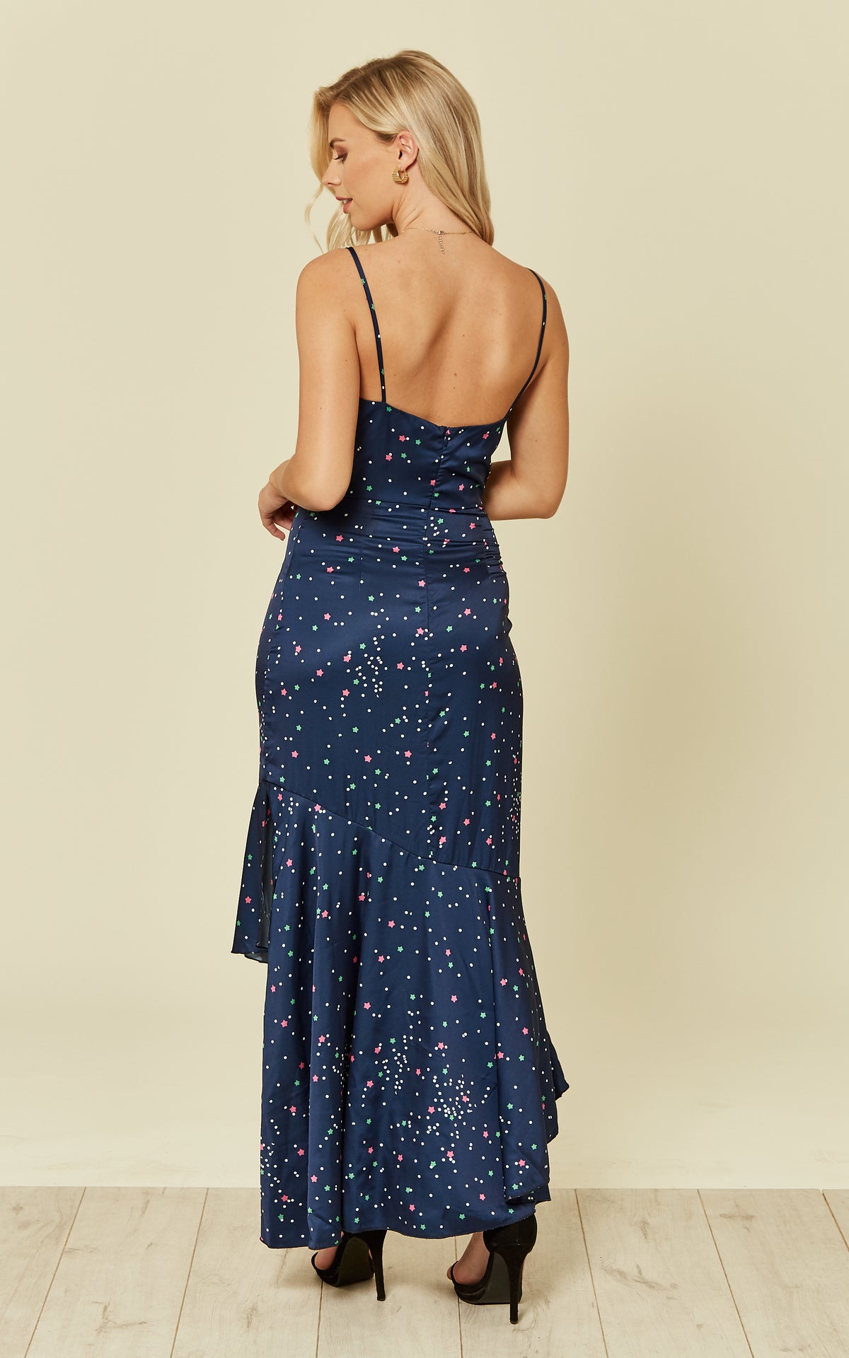 Satin navy star & polka dot print high-low frill dress