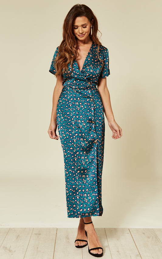 Blue/Blush Leopard Print Button Down Midi Dress in Teal