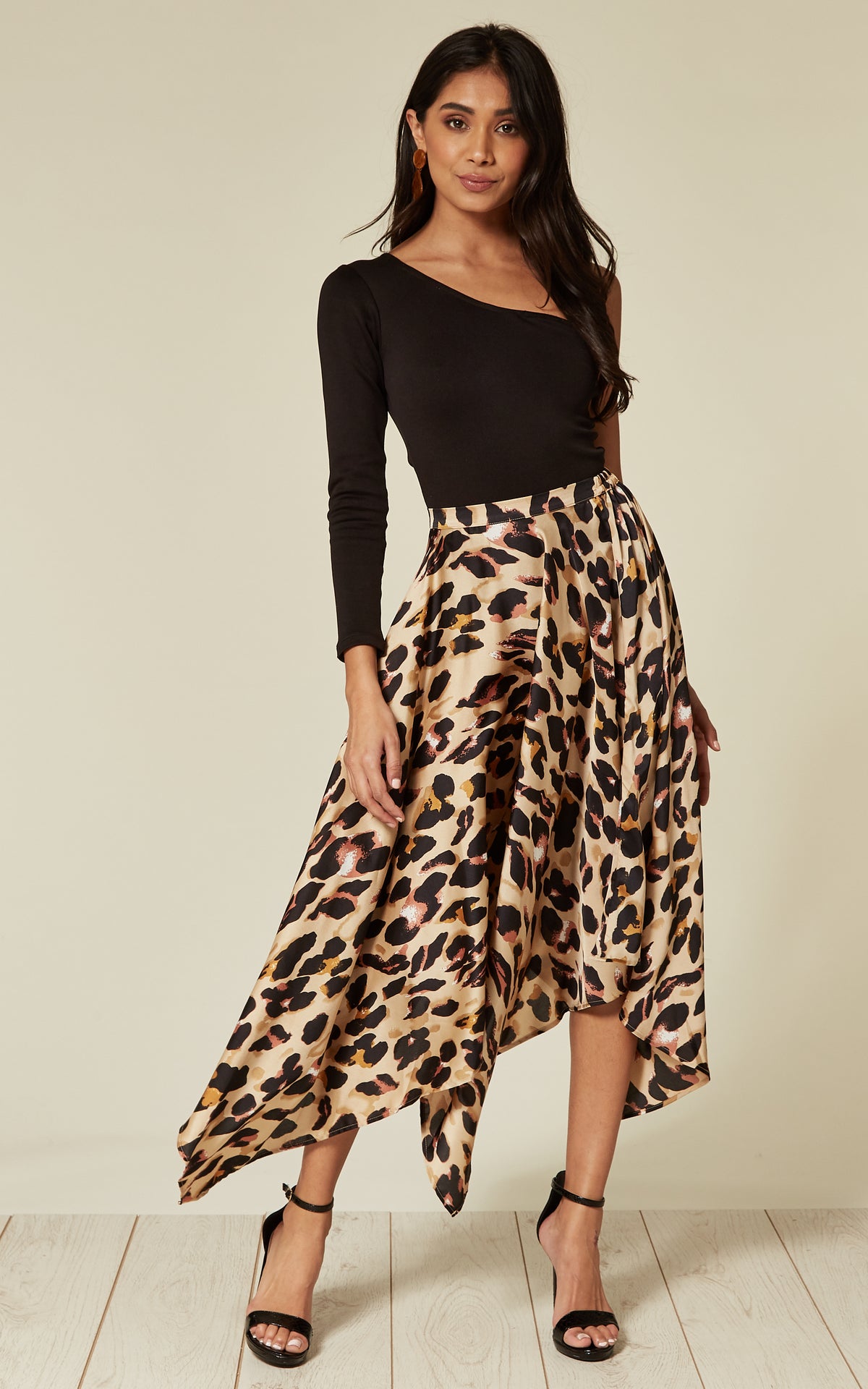 Satin pleated asymmetrical midi skirt in leopard print