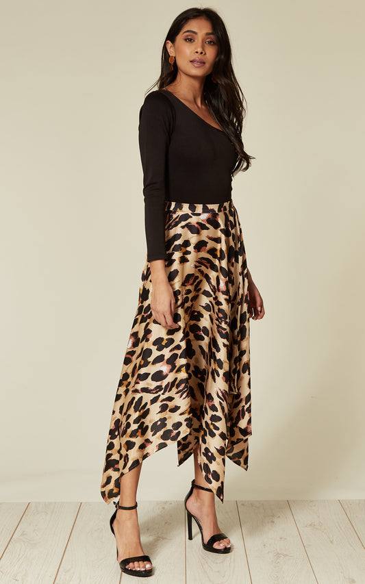 Satin pleated asymmetrical midi skirt in leopard print