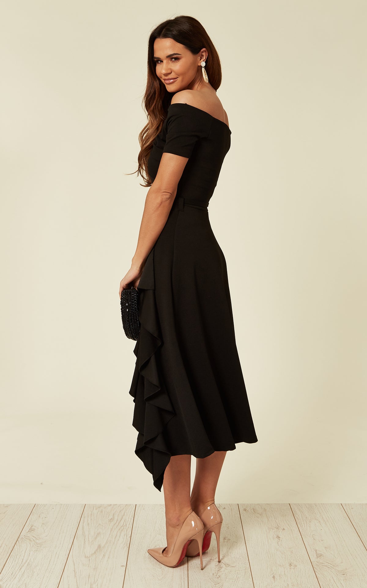 Exclusive Bardot Off Shoulder Frill Midi Dress Black