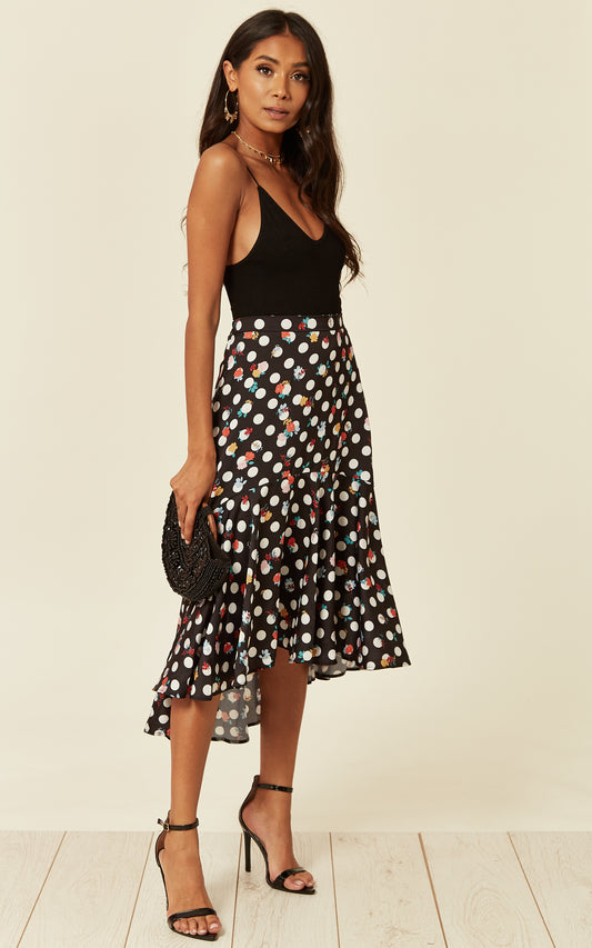 Satin high low midi skirt in Polka dot and floral print
