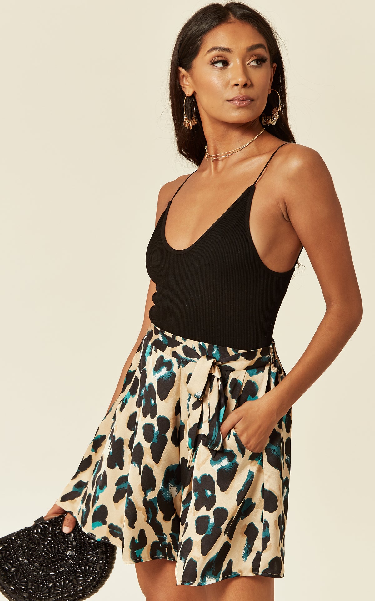 Green leopard print shorts