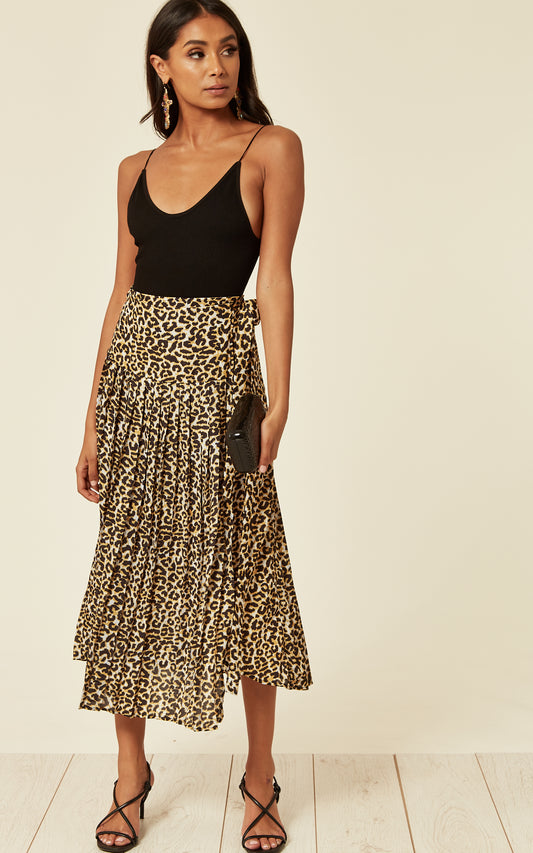 Pleated Wrap Midi Skirt in Black & Yellow Leopard Print