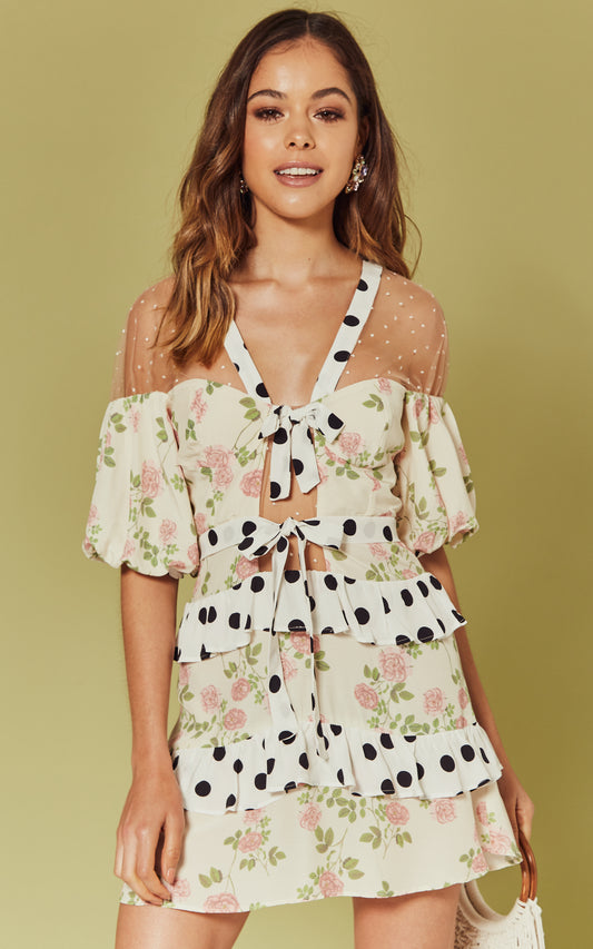 BUTTERSCOTCH TIERED MINI DRESS IN FLORAL POLKA PRINT