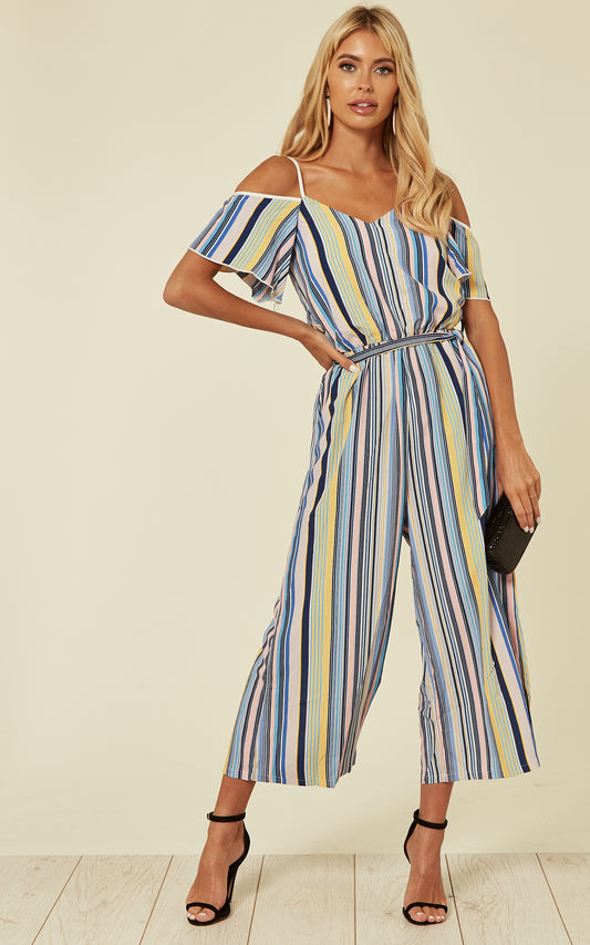 Cold Shoulder Culotte Jumpsuit in Multi Stripe