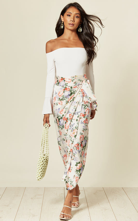 Maxi wrap skirt with tie in cream floral print