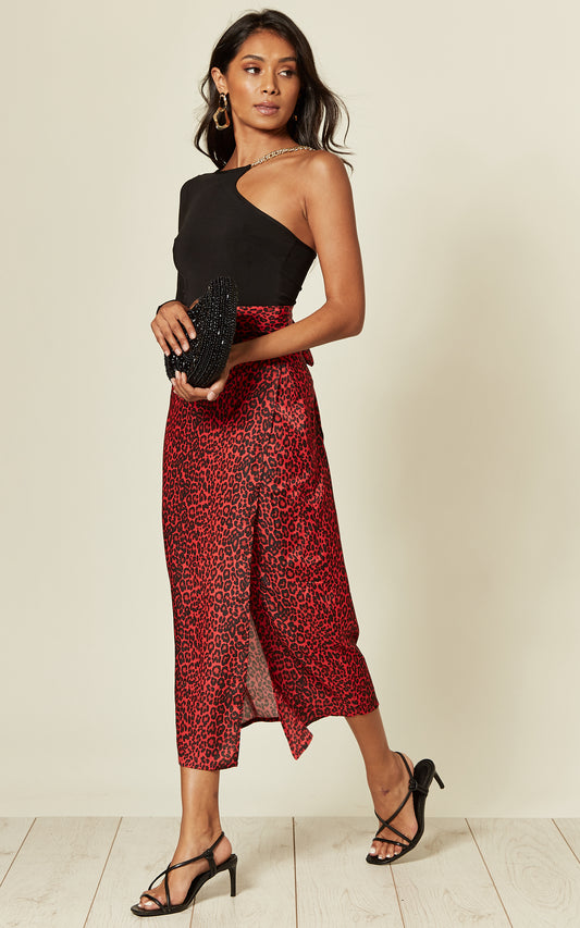 Maxi Wrap Skirt in Red & Black Leopard Print