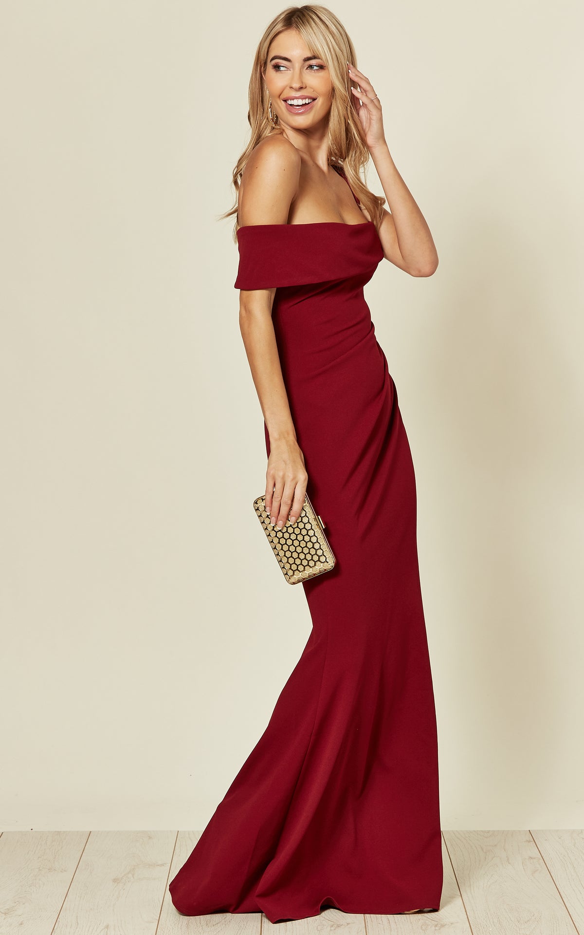 Off the Shoulder Pleated Waist Maxi Dress in Wine Red