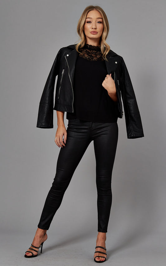 Coated Skinny Fit Trousers in Black