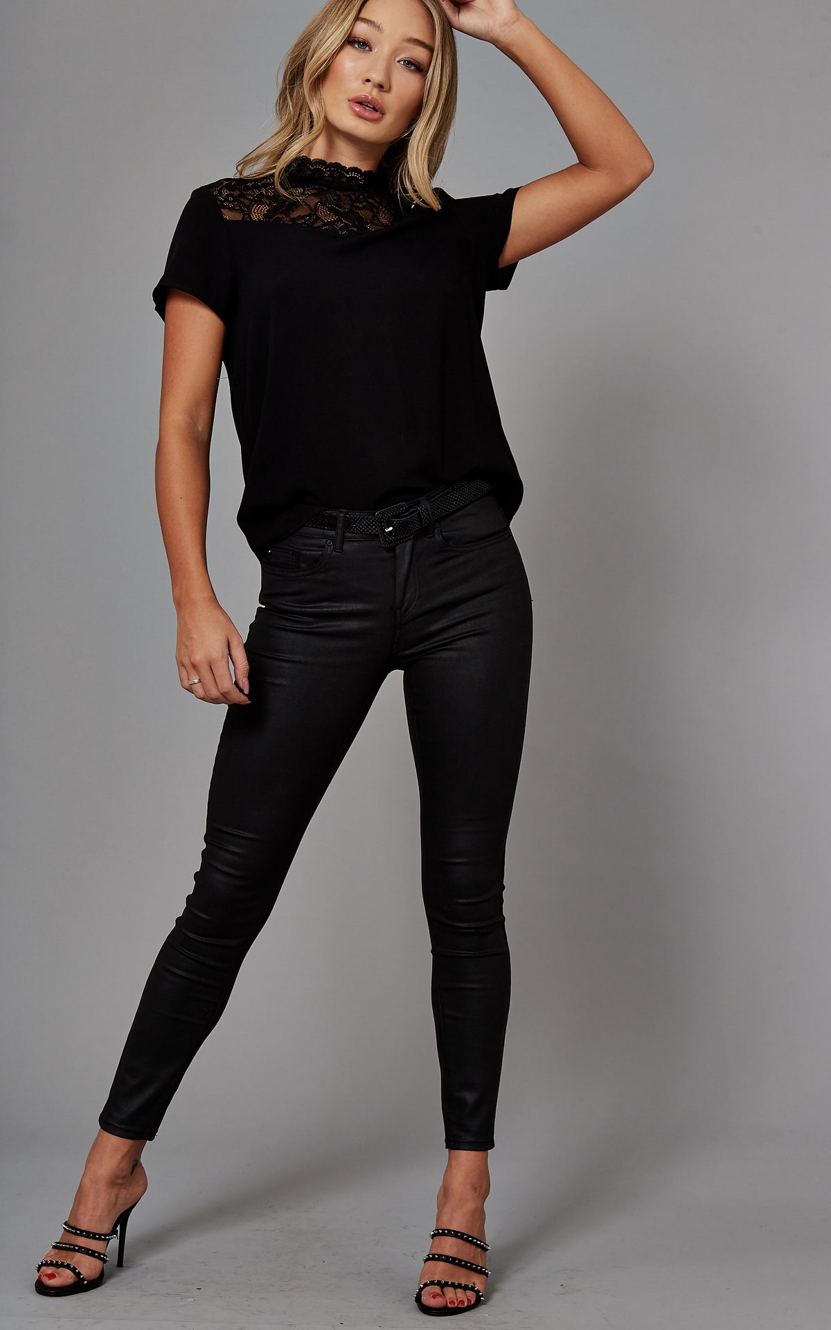 Coated Skinny Fit Trousers in Black