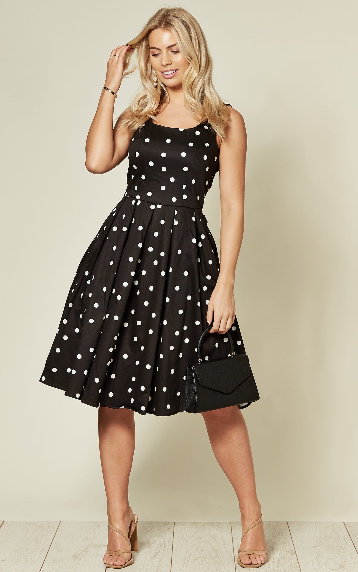 Amanda Scoop Neck Skater Dress in Black & White Polka Dot