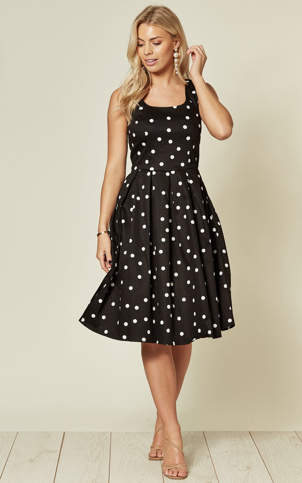 Amanda Scoop Neck Skater Dress in Black & White Polka Dot