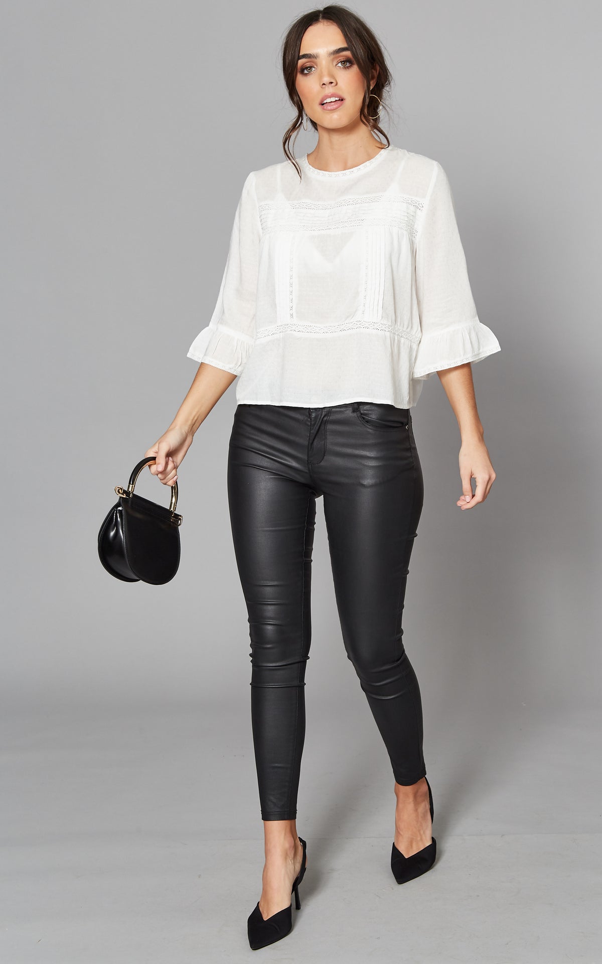 3/4 Flared Sleeve Top with Detail in White