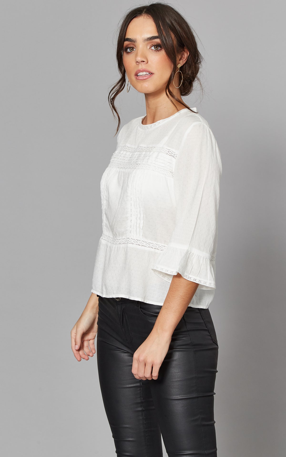 3/4 Flared Sleeve Top with Detail in White