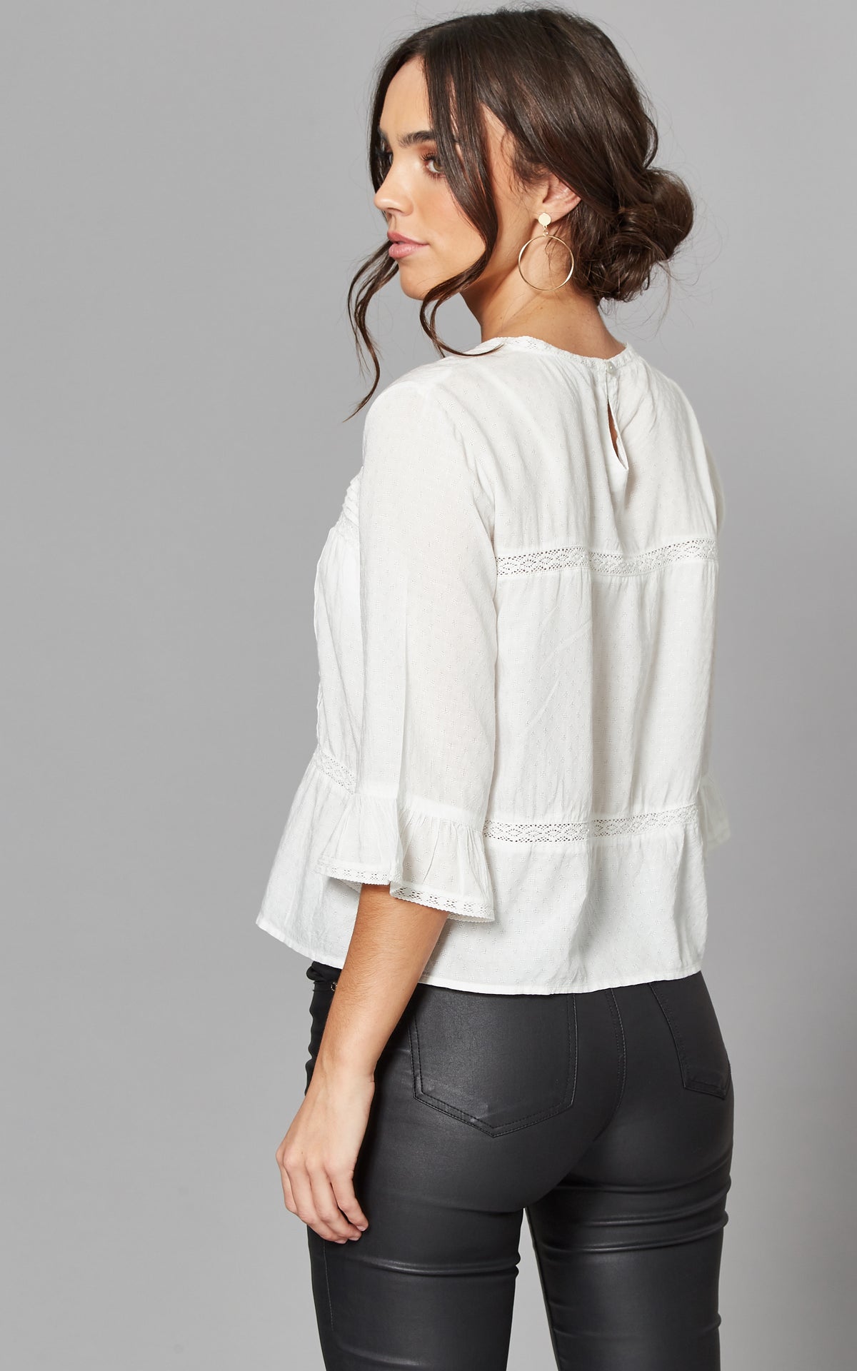 3/4 Flared Sleeve Top with Detail in White