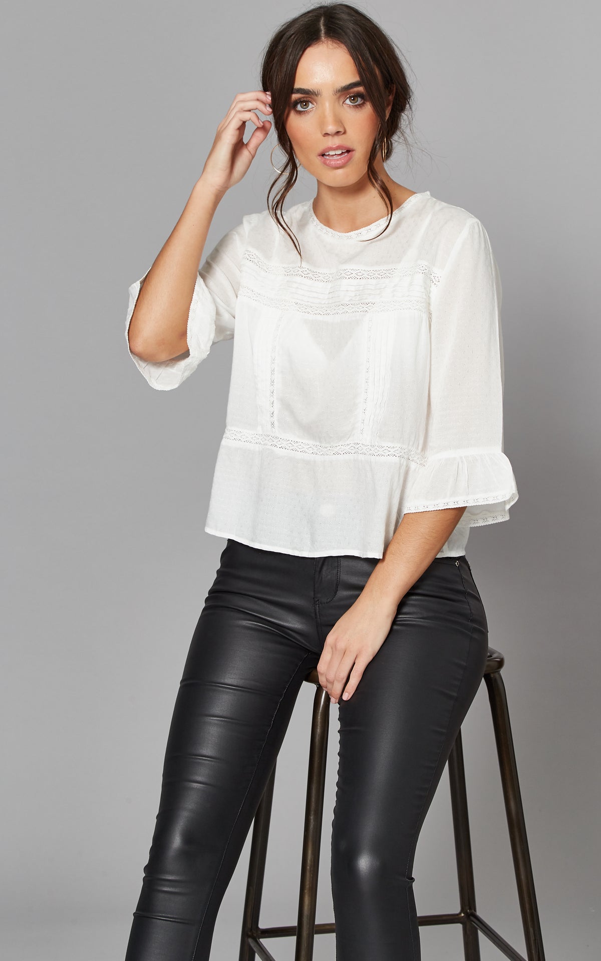 3/4 Flared Sleeve Top with Detail in White