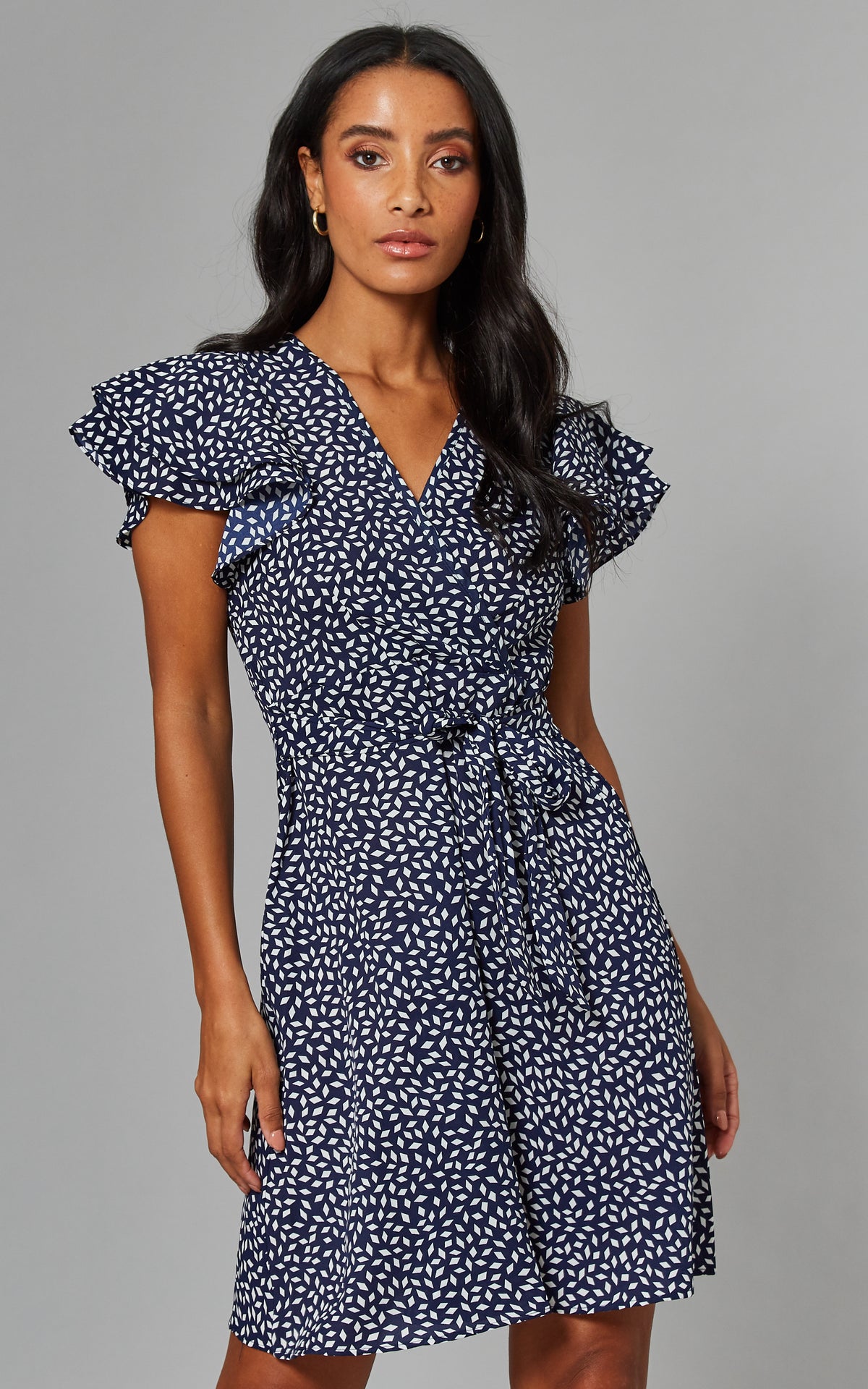 MARTINA Frill Sleeve Wrap Front Dress in Navy Print