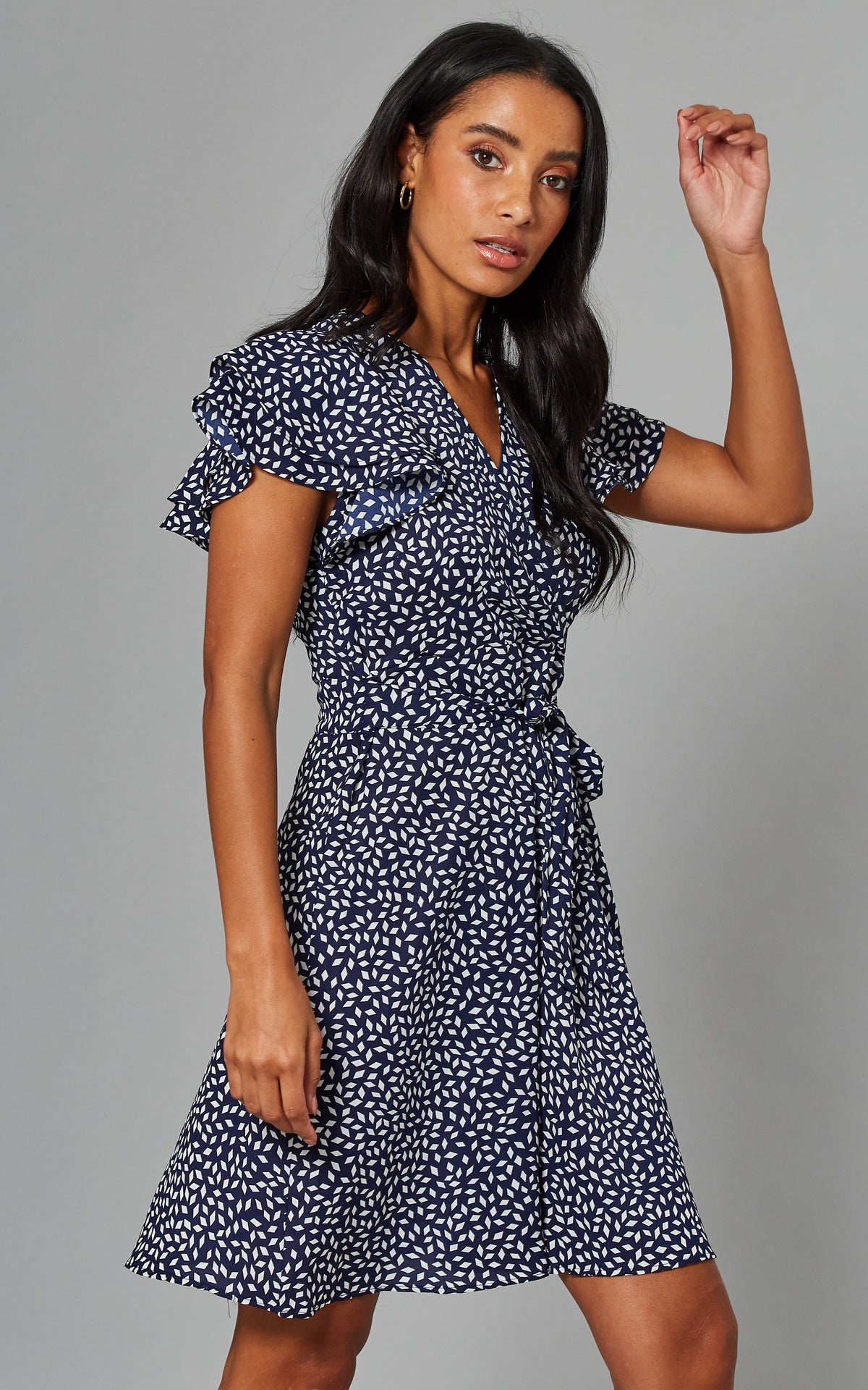MARTINA Frill Sleeve Wrap Front Dress in Navy Print