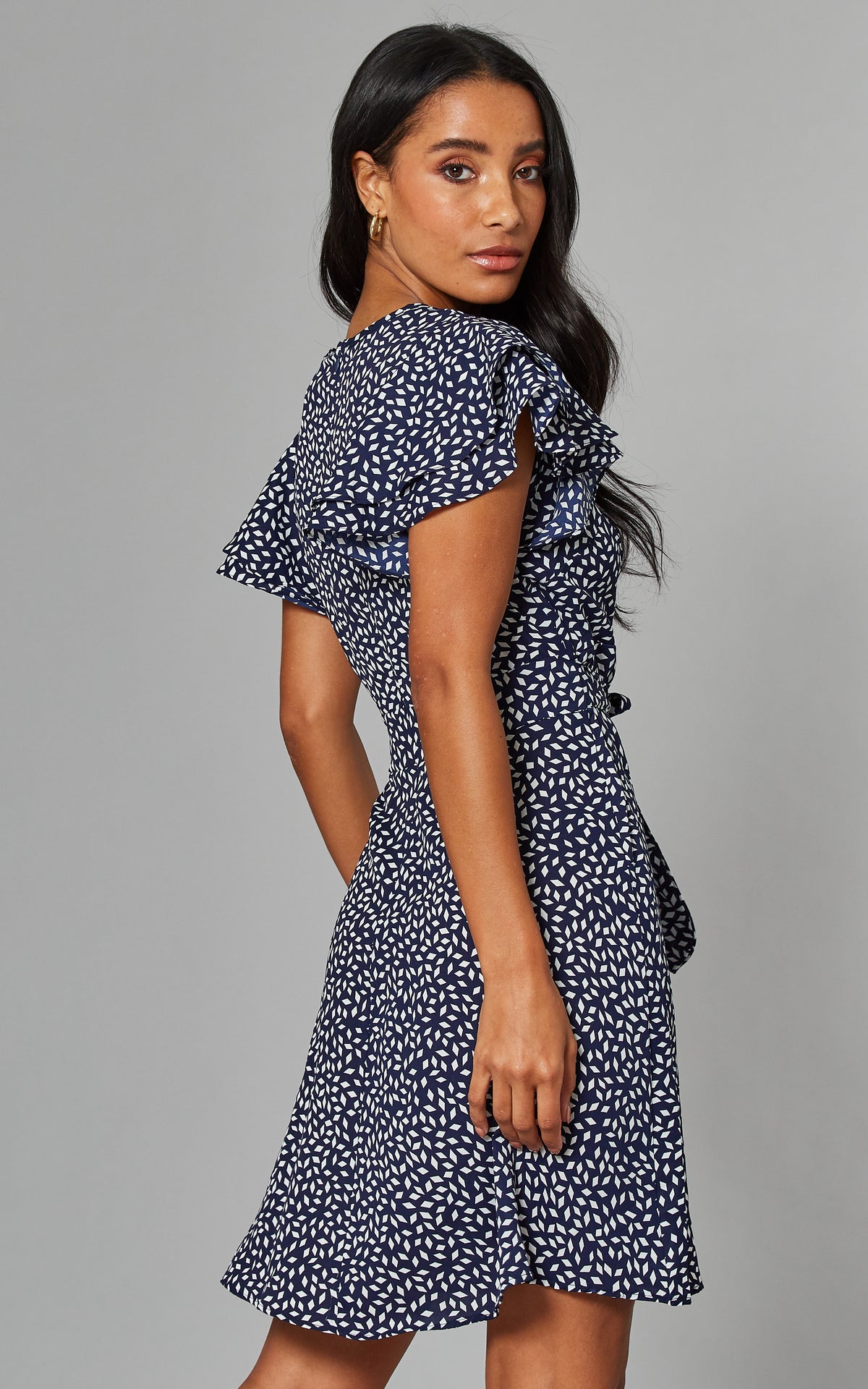MARTINA Frill Sleeve Wrap Front Dress in Navy Print