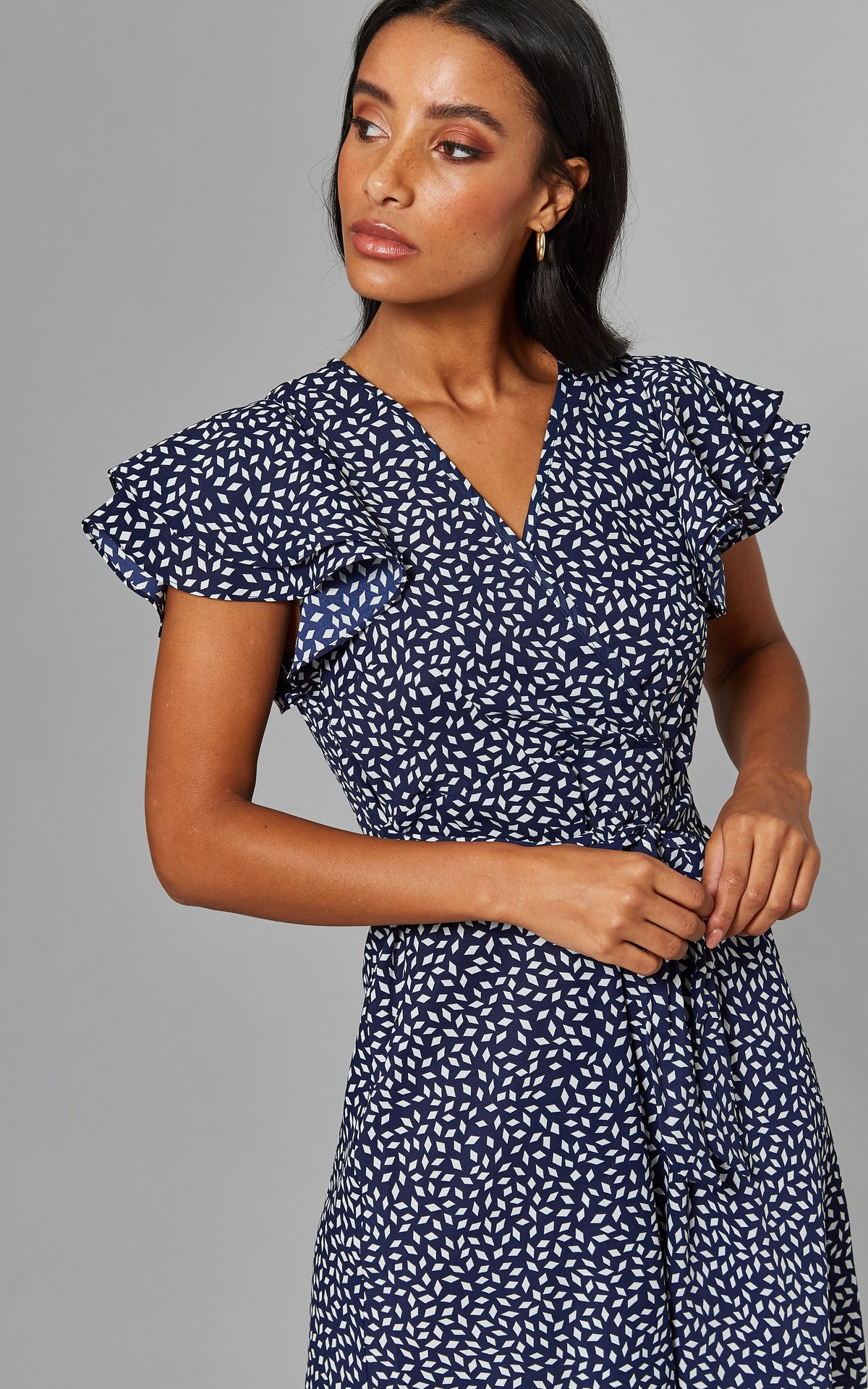 MARTINA Frill Sleeve Wrap Front Dress in Navy Print