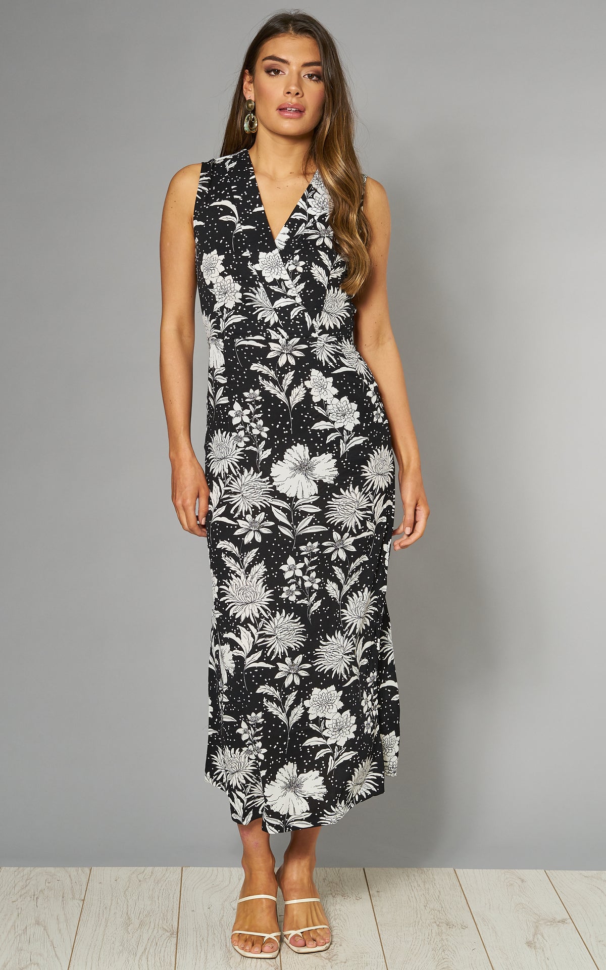Midi Dress in Black Floral & Spot Print