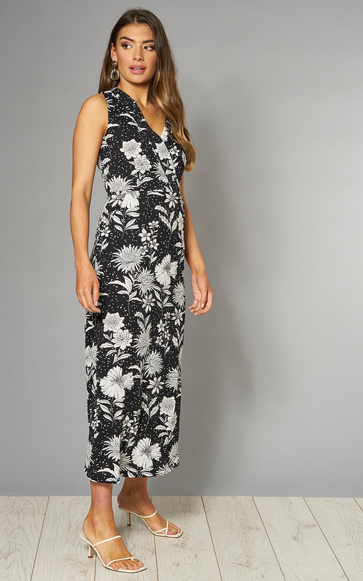 Midi Dress in Black Floral & Spot Print