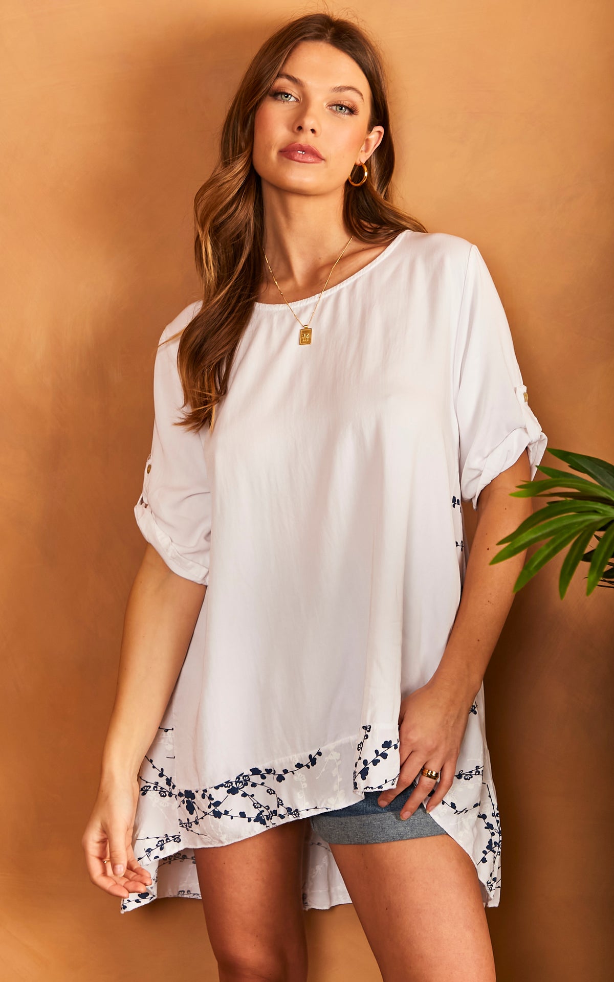 Oversized T-Shirt with Leaf Print Detail in White