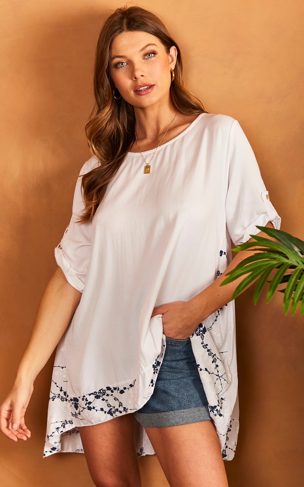 Oversized T-Shirt with Leaf Print Detail in White