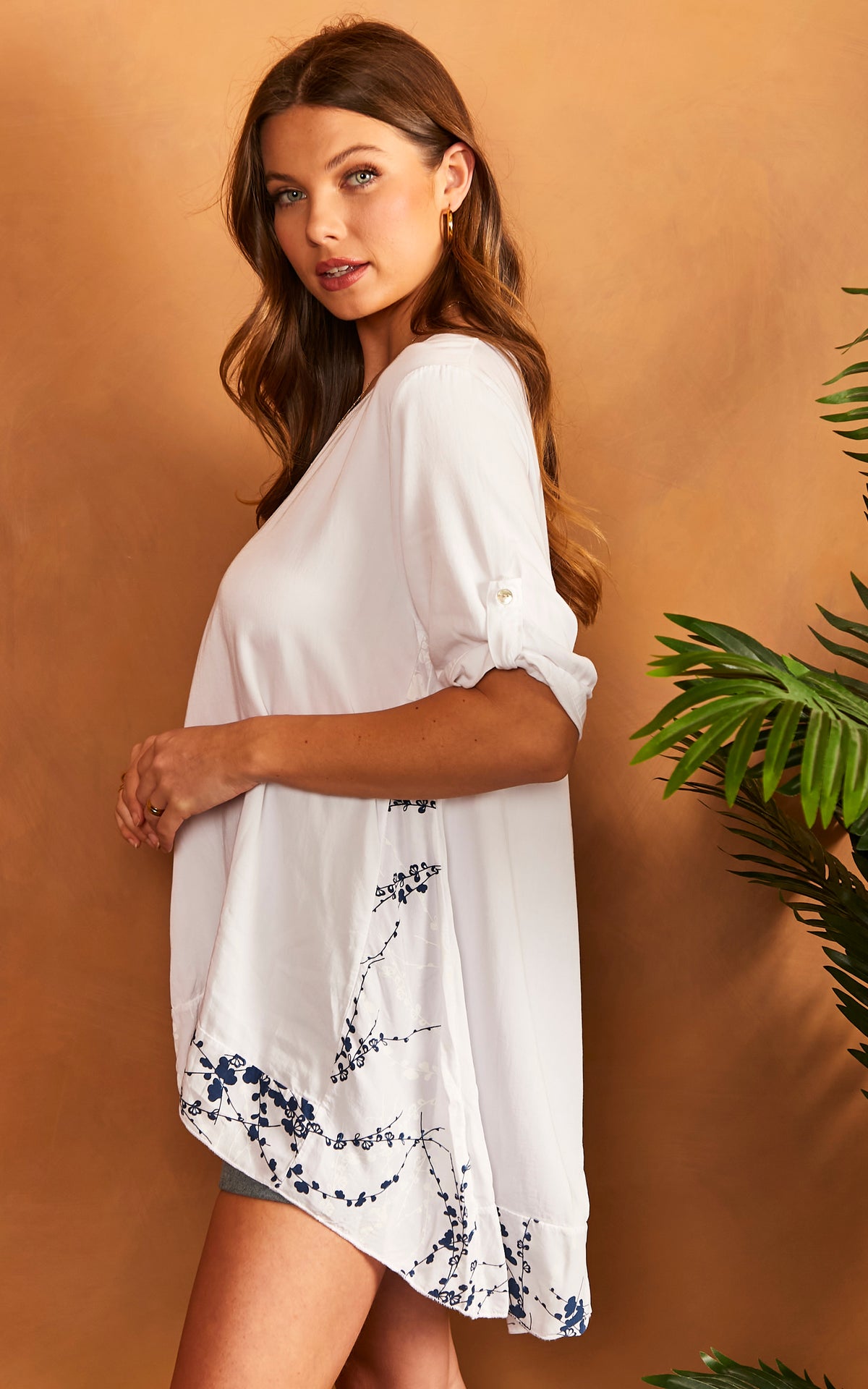 Oversized T-Shirt with Leaf Print Detail in White