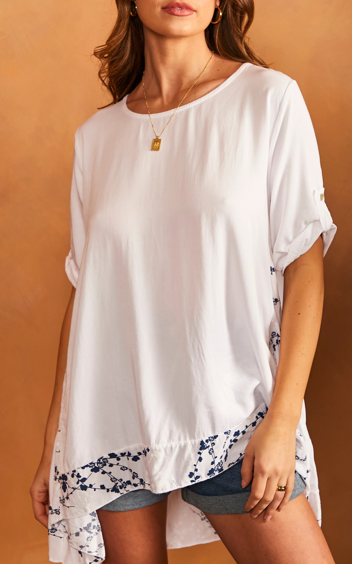 Oversized T-Shirt with Leaf Print Detail in White