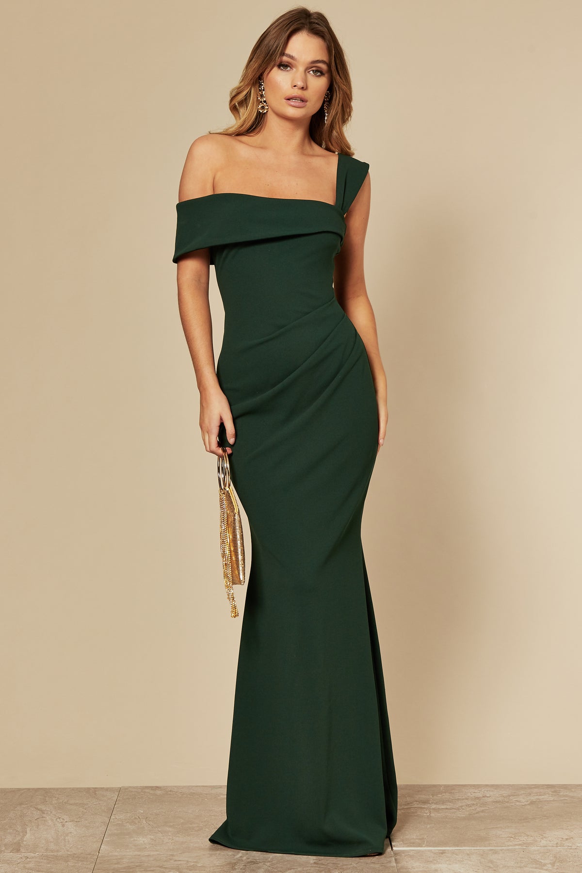 Emerald Green Off the Shoulder Maxi Dress with Pleated Waist