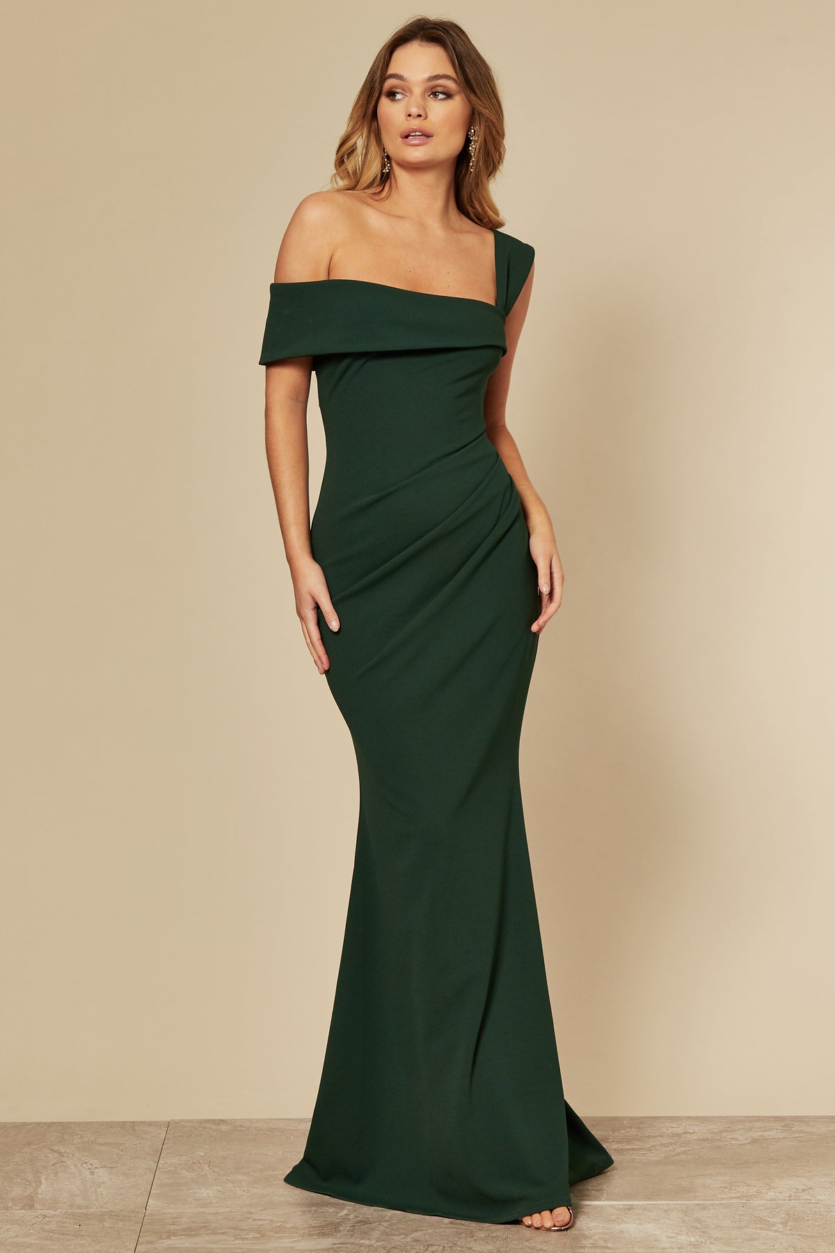Emerald Green Off the Shoulder Maxi Dress with Pleated Waist