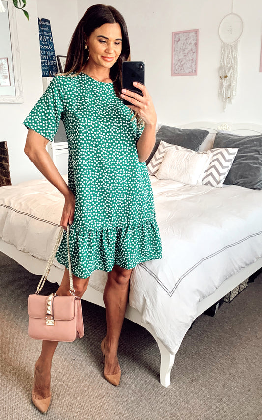 Green Floral Frill Hem T-Shirt Dress
